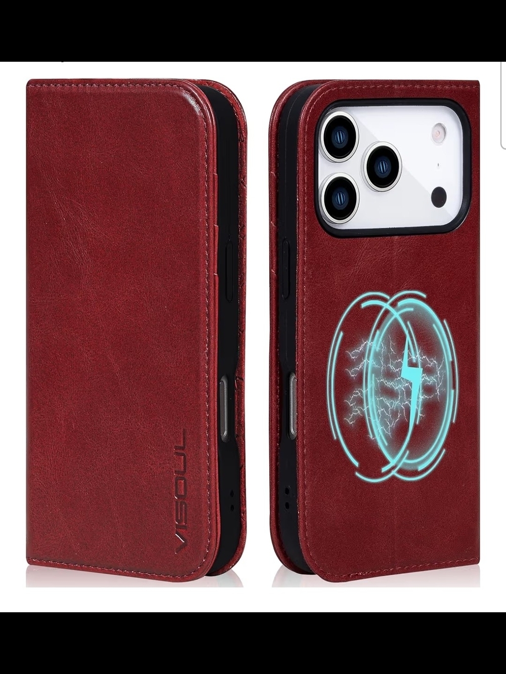 VISOUL Case for iPhone 17 Pro Genuine Leather Wallet Case, Magnetic Flip Folio C
